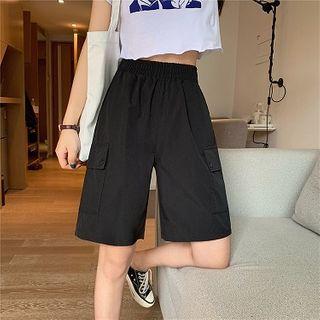 Plain High-waist Cargo Shorts Black - One Size