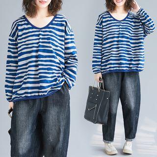 V-neck Long-sleeve Striped T-shirt Stripe - Blue - One Size