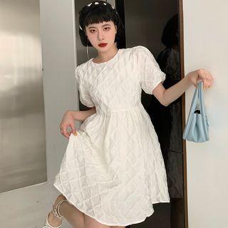 Puff-sleeve Argyle Pattern A-line Dress