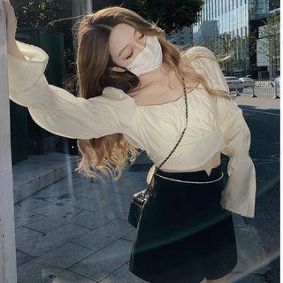 Long-sleeve Square Neck Crop Top / High Waist Shorts
