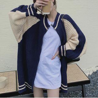 Two-tone Zip Cardigan Almond & Dark Blue - One Size
