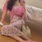 Short-sleeve Pointelle Knit Cardigan / Spaghetti Strap Floral Print Midi A-line Dress