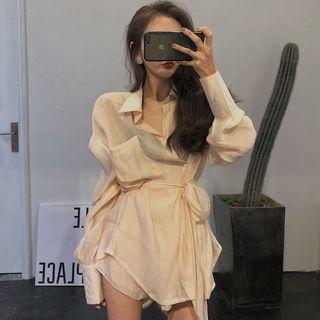 Set: Plain Shirt With Sash + Shorts Shirt - Almond - One Size / Shorts - Almond - One Size