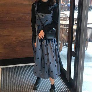 Turtleneck Long-sleeve Top/ Dotted Midi Jumper Dress