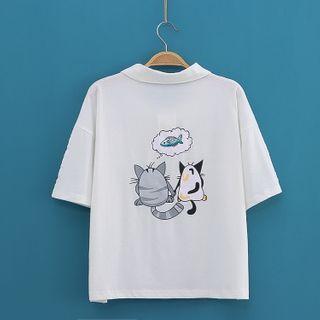 Cat Print Back Polo-collar Short-sleeve Tee