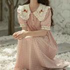Floral Embroidered Lace Trim Plaid Short-sleeve Dress