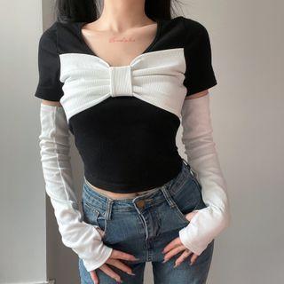 Set: Short-sleeve Bow Knit Top + Arm Sleeves