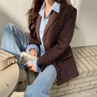 Single-breasted Checked Woolen Blazer Red - One Size