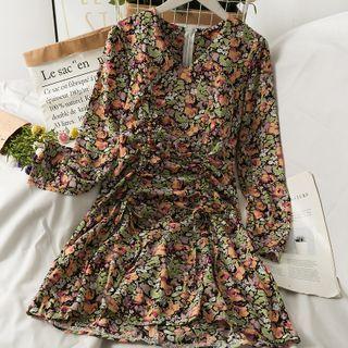 Floral Drawstring V-neck Mini Dress Green - One Size