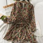 Floral Drawstring V-neck Mini Dress Green - One Size
