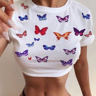 Butterfly Print Mini Sheath Dress / Butterfly Print Off-shoulder Mini Dress / Short-sleeve Butterfly Print Top