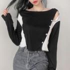 Asymmetrical Cold-shoulder Two-tone T-shirt