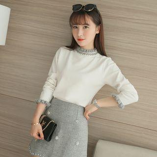 Set: Frill Trim Sweater + Faux Pearl A-line Skirt