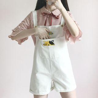 Elbow-sleeve Plaid Tie-neck Blouse / Cat & Fish Applique Jumper Shorts