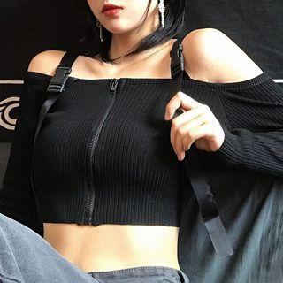 Long-sleeve Cold Shoulder Buckled Strap Zip Cropped Top Black - One Size