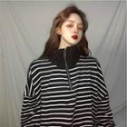 Striped Turtle-neck Long-sleeve Loose-fit Pullover As Figure - One Size