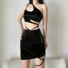 Set: One-shoulder Cropped Camisole Top + Buckled Mini Fitted Skirt