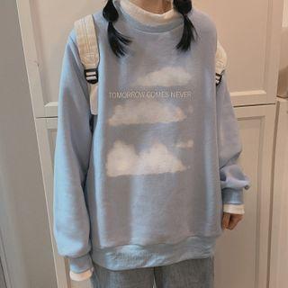 Cloud Print Lettering Round Neck Pullover