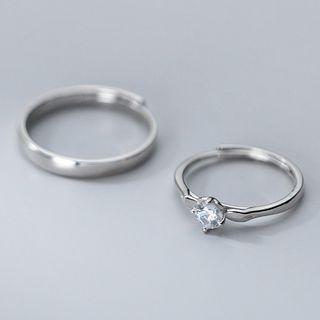 Rhinestone / Polished Sterling Silver Ring 1 Pair - S925 Silver - Ring - Silver - One Size