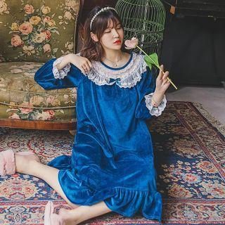 Long-sleeve Lace Trim Velvet Loungewear Dress