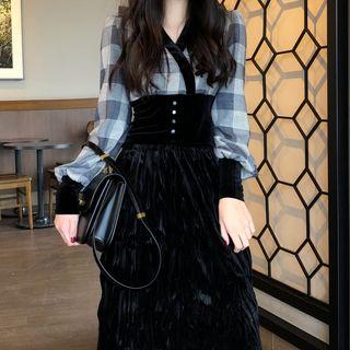 Plaid Long-sleeve Top / Midi Velvet Skirt