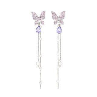 925 Sterling Silver Rhinestone Butterfly Fringed Dangle Earring