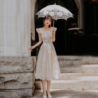 Set: Checked Ruffle Trim Sleeveless Blouse + High-waist Midi A-line Skirt