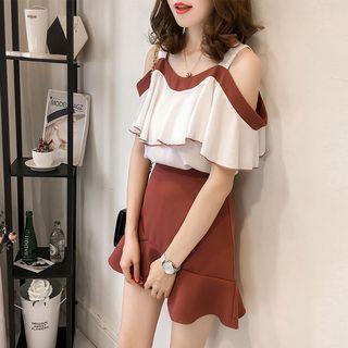 Set: Cold Shoulder Frilled Short-sleeve Top + A-line Skirt