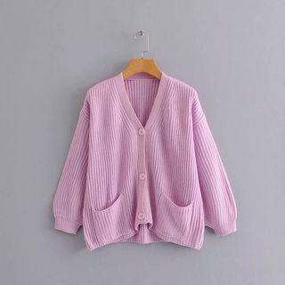 V-neck Pocketed Cardigan Pink - One Size