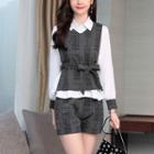 Set: Long-sleeve Shirt + Plaid Vest + Plaid Shorts