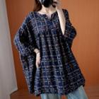 Long-sleeve Plaid Tunic Top Navy Blue - One Size