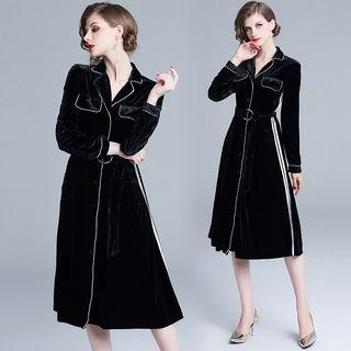 Long-sleeve Contrast-trim Midi A-line Velvet Shirtdress