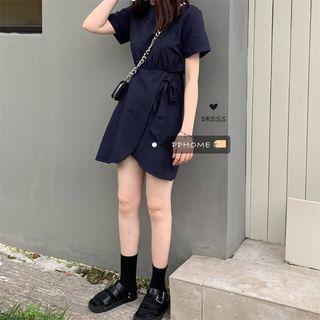 Short-sleeve Tie Waist A-line Mini Dress Navy Blue - One Size