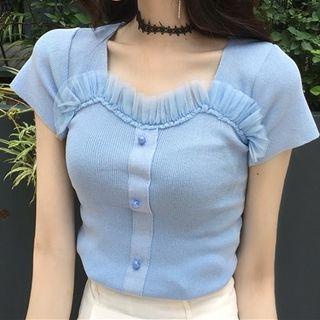 Ruffle Mesh Short-sleeve Knit Top