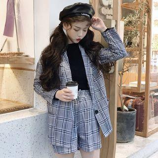 Set: Plaid Blazer + Drawstring Waist Shorts