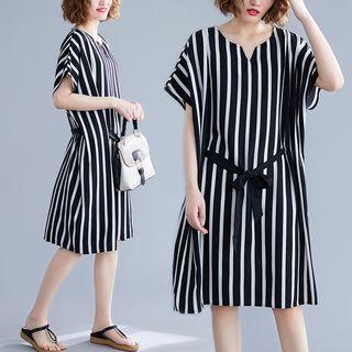 Short-sleeve Midi Striped Dress Stripe - One Size