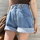 High Waist Roll-up Washed Denim Shorts