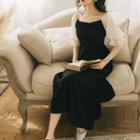 Elbow-sleeve Chiffon Paneled Buttoned Maxi Dress