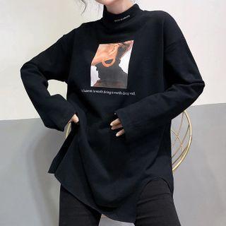 Mock-neck Long-sleeve Printed Ripped Side-slit T-shirt