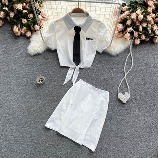 Set Of 2 : Puff-sleeve Tie Collar Shirt + Plain A-line Skirt