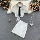 Set Of 2 : Puff-sleeve Tie Collar Shirt + Plain A-line Skirt
