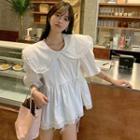 Elbow-sleeve Doll-collar Mini Dress White - One Size