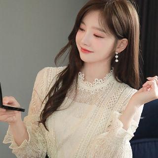 Crochet-trim Bell-cuff Lined Lace Top