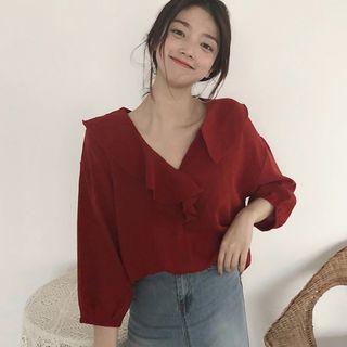 3/4-sleeve V-neck Blouse As Shown In Figure - One Size