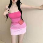 Color-block Slim-fit Mini Tube Dress Pink - One Size