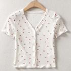 Short-sleeve Buttoned Heart Print Top