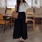 V-neck Short-sleeve Top / High Waist Midi A-line Skirt