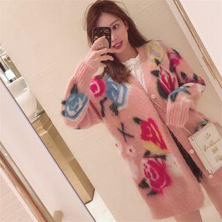 Rose Print Buttoned Knit Coat