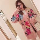 Rose Print Buttoned Knit Coat