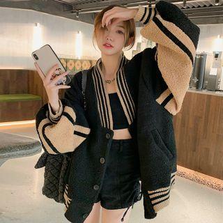 Two-tone Fleece Baseball Jacket Dark Green - One Size